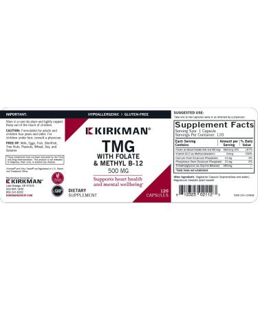 Kirkman Labs TMG with Folinic Acid & Methyl B-12 500mg - 120 Veg Caps | Support Energy & Metabolism - Buy Online on GoSupps.com