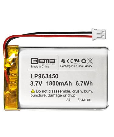 EEMB Lithium Polymer Battery 3.7V 1800mAh 963450 Lipo Rechargeable Battery Pack with Wire JST Connector for Speaker and Wireless Device- Confirm Device & Connector Polarity Before Purchase(1)