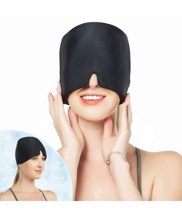 Headache Relief Hat Migraine Cap Wearable Ice Head Wrap Form Fitting Headache Cap - Trechable Migraine Mask Gel Ice Hat for Tension Headache - Puffy Eyes - Sinus Relief Men Women Relaxation Gift Black 180   Coverage