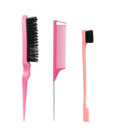3 Pieces Sleek Bun Brush Set Double Edge Brush Teasing Hairbrush Set Rat Tail Comb for Hairdresser Women Baby Children Pink