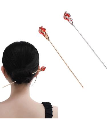 2 Pieces Chinese Hair Sticks for Buns Gold Metal Vintage Crystal Chinese Hair Pins Chopsticks Hanfu Hair Accessories red