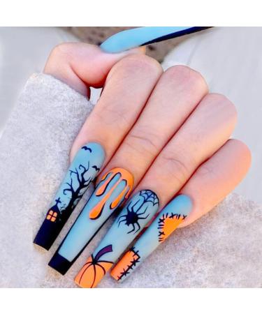 Halloween False Nails Spiders with Design Fake Nails Full Cover Long Nail Tips Press on Nails with Adhesive for Women and Girls