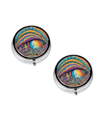 (Abstract Mushroom Colorful Mandala) Round Pill Box 3 Compartment Pill Box Mini Decorative Pocket Purse Portable Travel Medicine Tablet Vitamin Holder Organizer Pill Case