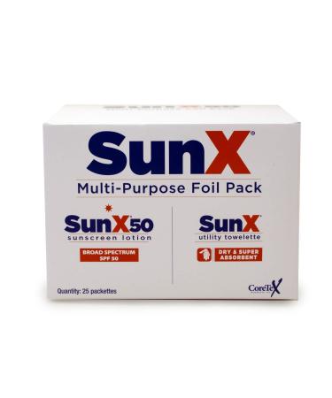 Sun X SPF 50+ Broad Spectrum Sunscreen Lotion Foil Pack Single Dose w/Attached Dry Towelette 25 pcs