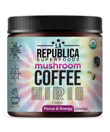 La Republica Dreamer Organic Mushroom Coffee (30 Servings) with 7 Superfood Mushrooms, 100% Fair Trade Rich Medium Roast Arabica Coffee, Hirie Music Limited Edition, USA Made