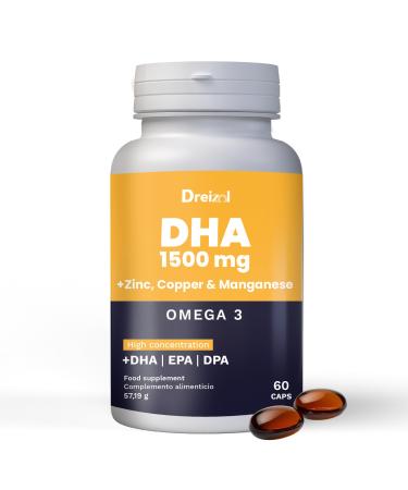 Brudy Lab Dreizol Omega 3 DHA 1500 avec EPA et DPA + Mangan se Zinc et Cuivre - Haute Concentration - Renforce les Tissus Oculaires R tine Sant Cardiaque et C r brale - 60 Capsules Jaune