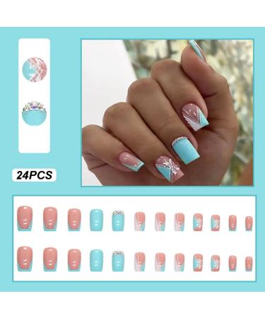 24 PCS Square Pink, White, and Blue Press on Nails with Rhinestone Accents - Medium False Nails for Women - Artificial Acrylic Full Cover Nail Tips - Glossy Finish Stick on Nails - Buy Online on GoSupps.com