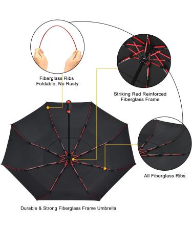 Lejorain Collapsible Compact Travel Umbrella - Black Double Canopy, Windproof, Portable, Red Reinforced Fiberglass Frame - Rain Umbrella for Adults - Buy Online on GoSupps.com