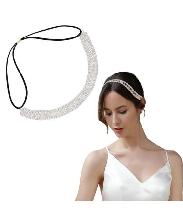 NICENEEDED Elastic Hair Jewelry Head Chain Rhinestones Forehead Headband Bohemian Crystal Hair Band Bridal Sparkly Silver Tiara Headpieces Hair Accessories for Wedding Party Prom Women Girls