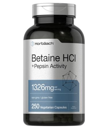 Betaine HCl with Pepsin | 1326mg | 250 Capsules | Betaine Hydrochloride Supplement | with Protease | Non-GMO, Gluten Free, Vegetarian | by Horbaach