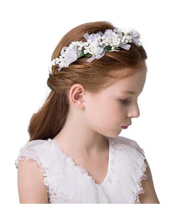 Campsis Girls Headpiece White Pearl Rhinestone Flower Headband Crystal Communion Hair Accessories Bridal Prom Photography for Women and Girls