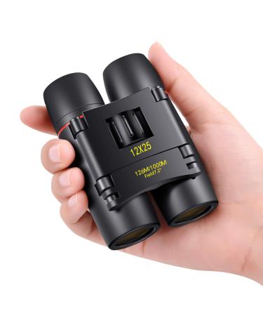 POLDR 12X25 Small Pocket Binoculars Compact Adults,Mini Kids Binoculars Boys for Bird Watching,Concert Theater Opera 12X25 Black