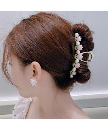 Pink Tulip Pearl Hair Claw Clip for Women - Large Flower Hair Accessory for Thick/Thin Hair - Non-slip Hair Barrette - Buy Online on GoSupps.com