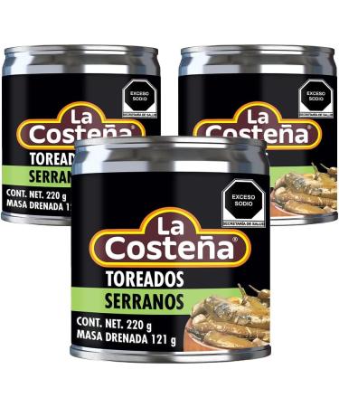 La Costena Serrano Toreados 220g (Pack 3) / Mexican Spicy Roasted Serrano Chilli Peppers In Can Multi Pack - Buy Online on GoSupps.com