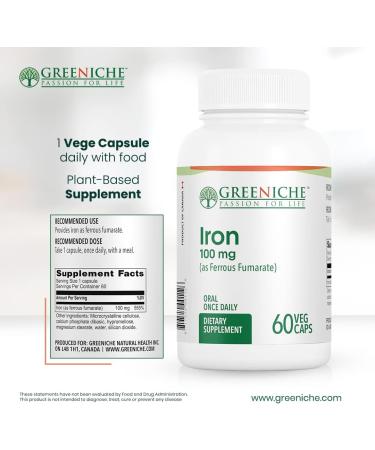 Greeniche Iron 60 Vegan Capsule 100mg - Gentle, High Absorption Iron Supplement for Immune Support - Non-Constipating & Gluten Free - 60 Count - Buy Online on GoSupps.com