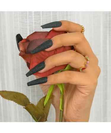 Sethexy Long Black Coffin Ballerina Nails | 24 Pack Matte Sparkle Acrylic Press-On Nail Tips for Women & Girls - Buy Online on GoSupps.com