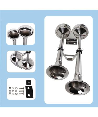 12V Marine Boat Trumpet Horns - Polished Stainless Steel, Low and High Tone, Adjustable Support - Dual Trumpet Set - Buy Online on GoSupps.com