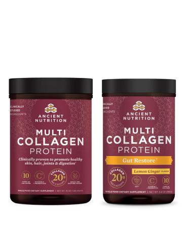 Ancient Nutrition Multi Collagen Protein Powder Unflavored 45 Servings + Multi Collagen Protein Powder Gut Restore 20 Servings