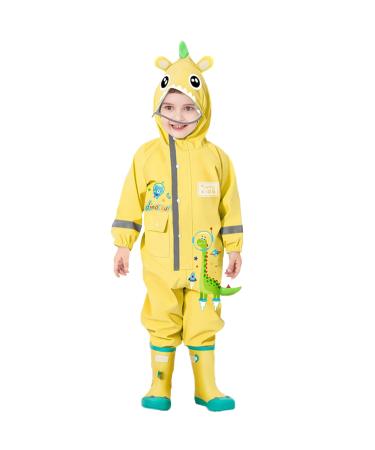 Fewlby Kids Puddle Suit Rain Suit Boys Girls All in One Waterproof Overalls Toddler Muddy Suit Hooded Raincoat Rainwear Cartoon Romper L Size 4-5 Years L/4-5 Years Light Yellow