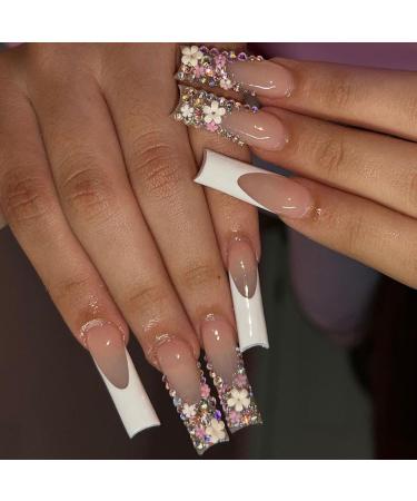 Long Press on Nails Coffin BAOYAALIN White Fake Nails with 3D Flowers Rhinestones Design Gel Glue on Nails for Women Girls Full Cover Acrylic Artificial False Stick on Nail for Wedding White 3D Flowers Rhinestones A01