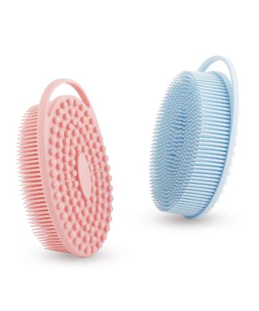 Soft Silicone Body Scrubber 2 PCS Silicone Body Shower  Silicone Loofah 2 in 1 Bath and Shampoo Brush  Body Scrubber Shower Cleaning Exfoliating Use for Sensitive Skin  Lather Well(Pink and Blue) pink blue