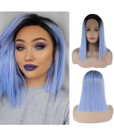 Karissa ombre Blue Synthetic Lace Front Wigs for Women Short Blue Bob Wig with Dark Roots Gluless Half Hand Tied Free Part Hair Replacement WIGS