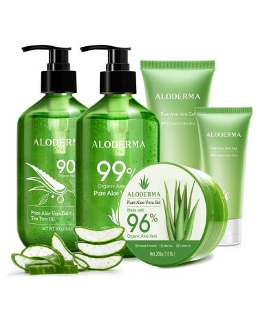 All Purpose Aloe Vera Gels Set - 5 Pieces - 300g Aloe Gel 300g Aloe Gel + Tea Tree Oil 200g Gel 114g Aloe Vera Gel & 45g Aloe Vera Gel