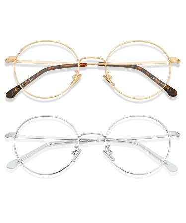 Cyxus blue light filter glasses 2 pieces round metal glasses without prescription anti-blue light for computer cell phone electronic product 01-2pack