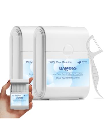 Twin Line Floss Picks Handy Case 2 Box Toothpicks Portable Case 104 Count Shred Resistant Flossers for Adults Comfort Floss Sticks Perfect for Tight Teeth Super-Cleansing Design(White) White 2 Handy Case