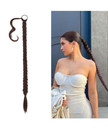 BARSDAR 86cm long braided ponytail extension rubber just wrapped braid hair extensions ponytail DIY natural soft synthetic hair part for women 86cm (pack of 1) 33# - Dark Auburn