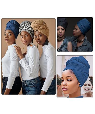 Harewom Stretchy Head Wraps for Black Women - Denim Blue & Grey 2pc Set - Buy Online on GoSupps.com
