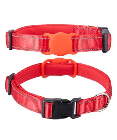 AirTag Dog Collar for Small Medium Large Dogs, Animire Soft Neoprene Padded Pet Cat Collar, Nylon Puppy Collar with Silicone Air Tag Case Holder Accessories Red S:9''-16'' Neck