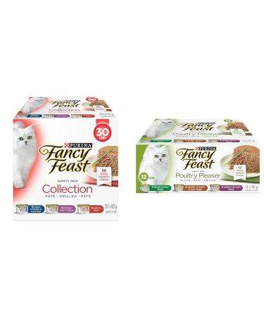 Fancy Feast Wet Cat Food Collection Variety Pack 3 Flavours - 85 g Can (30 Pack) & Wet Cat Food Poultry Pleaser Variety Pack 3 Flavours - 85 g Can (12 Pack)