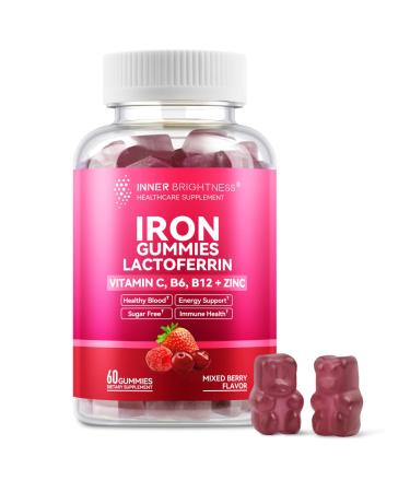Iron Supplement Gummies with Lactoferrin Vitamin C B6 B12 & Zinc Gentle Vegan Sugar-Free Supports Healthy Blood Immune Health & Energy for Women Men & Kids Mixed Berry Flavor 60 Count Mixed Berry 60 Count (P