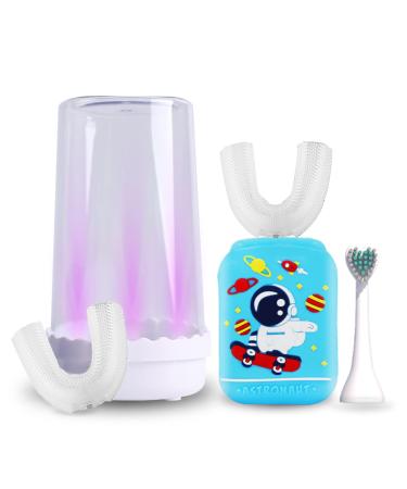 Kids Electric Toothbrushes, Wireless Charging U Shaped Toothbrush Kids, 360 Ultrasonic Automatic Toothbrush Kids with 3 Brush Heads, IPX7 Waterproof Whole Mouth Toothbrush, 5 Modes with Memory Aged 7-12 Blue