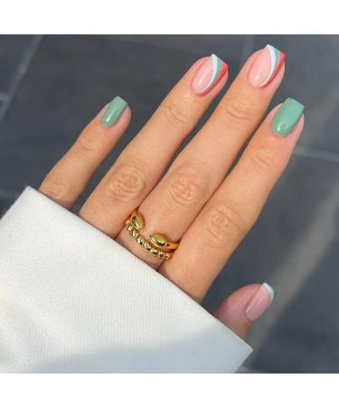 Justotry 24 pieces angular nails to stick on short mint green French artificial nails funky swirl artificial nail press on nails square fingernails fake nails short for women green s2