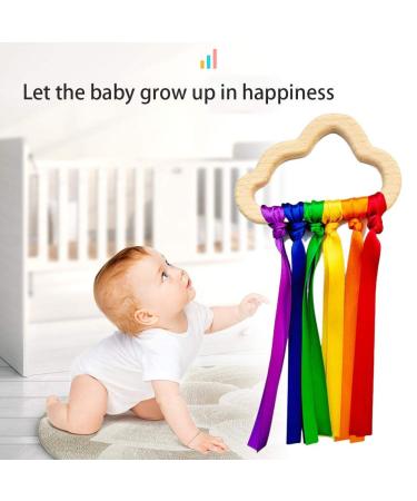 Tianbi 2x Rainbow Wooden Band Rings - Baby Bite Rings Sensory Toys Natural Ribbon Teethers Perfect Shower Gifts - Buy Online on GoSupps.com