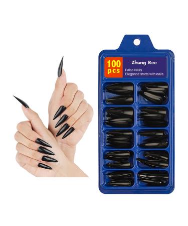 Extra Long Press on Nails Stiletto Fake Nails 100pcs Black Sharp Acrylic False Nails Full Cover With Case for Salon Women Girls (Black-2)
