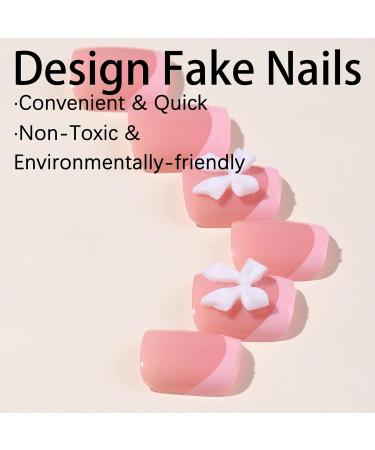 Shop Pink French Tip Press On Toenails | Short Square Acrylic False Nails with Bow Charms | 24Pcs Glossy Glitter Full Cover - Perfect for Women & Girls - Buy Online on GoSupps.com