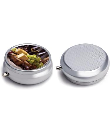 Portable Round Pill Box - Decorative 3 Compartment Organizer with White Wine Cheese Cake Grapes Print - Stylish Metal Pocket Pill Case - Buy Online on GoSupps.com