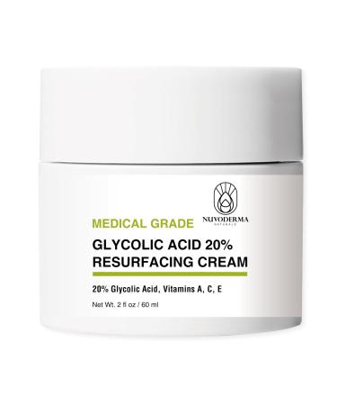 NUVODERMA Glycolic Acid Resurfacing Cream with Glycolic Acid 20% Vitamins A C & E Anti-Wrinkle Face Moisturizer for Smooth Skin Hydrating Medical-Grade Exfoliator 2 oz