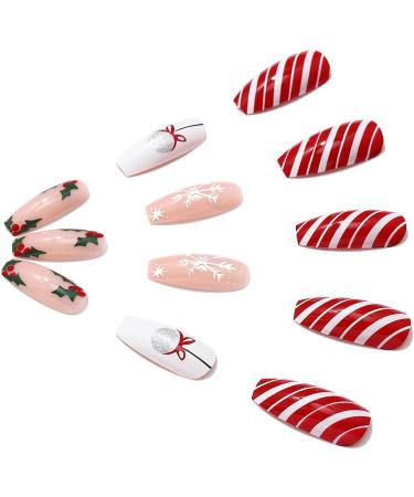 Brishow Christmas Snowflake Elk Stick on False Nails - Red Long Full Cover Tips (24pcs) for Women and Girls - Buy Online on GoSupps.com
