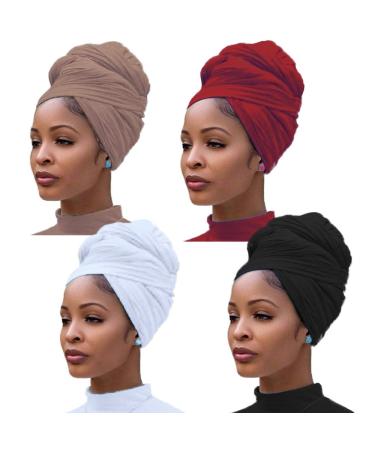 YMHPRIDE 4 Pieces Stretch Jersey Turban Head Wrap Knit Headwraps Urban Hair Scarf Solid Color Ultra Soft Extra Long Breathable Head Band Tie for Women Black,camel,wine Red,white