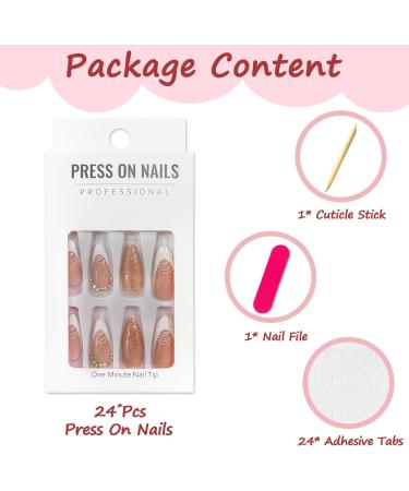 24Pcs Almond French Tips Medium False Nails with Adhesive Tabs - Glossy White Lines, Acrylic Full Cover Stick on Nails for Women - DIY Nail Art - Buy Online on GoSupps.com