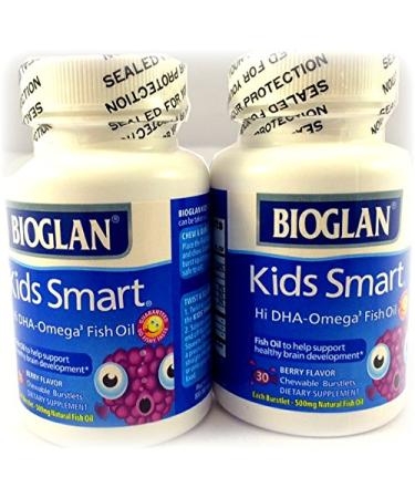 BioGlan Kids Smart Hi DHA Omega-3 Fish Oil 30 ea Chewable Burstlets Berry Pack of 2