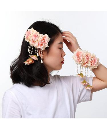 Girls Women Gothic Style Flower Pearl Lolita Pearl Necklace Hair Clip Headwear (Multi-Color) (Pink)