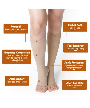 Bounfend Compression Socks 20-30mmHg - Knee High Open Toe Medical Grade Stockings for Men & Women | Varicose Vein Relief Swollen Legs Shin Splints Travel | Beige L Large - Buy Online on GoSupps.com