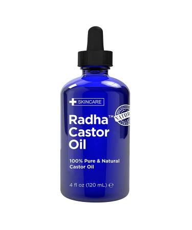 Radha Beauty Castor Oil 4oz 100% Pure  Cold Pressed  Hexane Free  With Dropper and Eyelash Brush to Stimulate Growth for Eyelashes  Eyebrows  Hair. Lash and Brows.