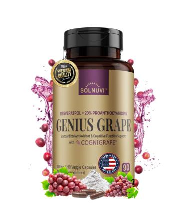 Resveratrol Complex Supplement 1500mg with Clinically Tested Cognigrape Red Grape Extract 20% Proanthocyanidins - Antioxidant & Brain Health Support - 90 Veggie Capsules Non-GMO Gluten-Free Vegan Resveratrol 90 Count (Pa