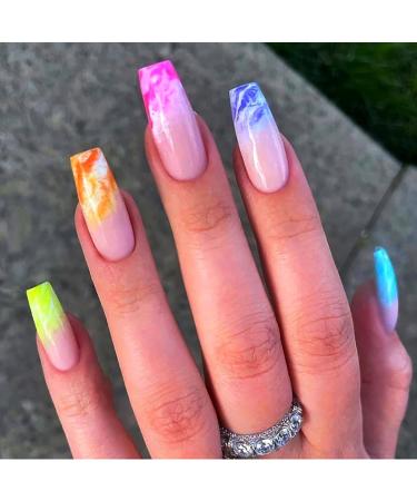 Brishow French nails to glue artificial nails pink long press on nails with rainbow ballerina acrylic false nails 24 pieces for women and girls - Buy Online on GoSupps.com